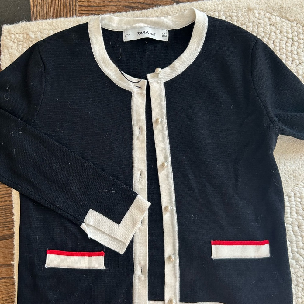 Zara Knit Black Cardigan with Cream Trim